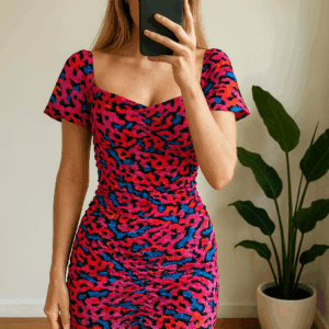 Vrouw draagt multicolor mini jurkje van Royal Chicks in roze-blauw-oranje print – perfecte festival en party outfit, Loveforstyle.nl